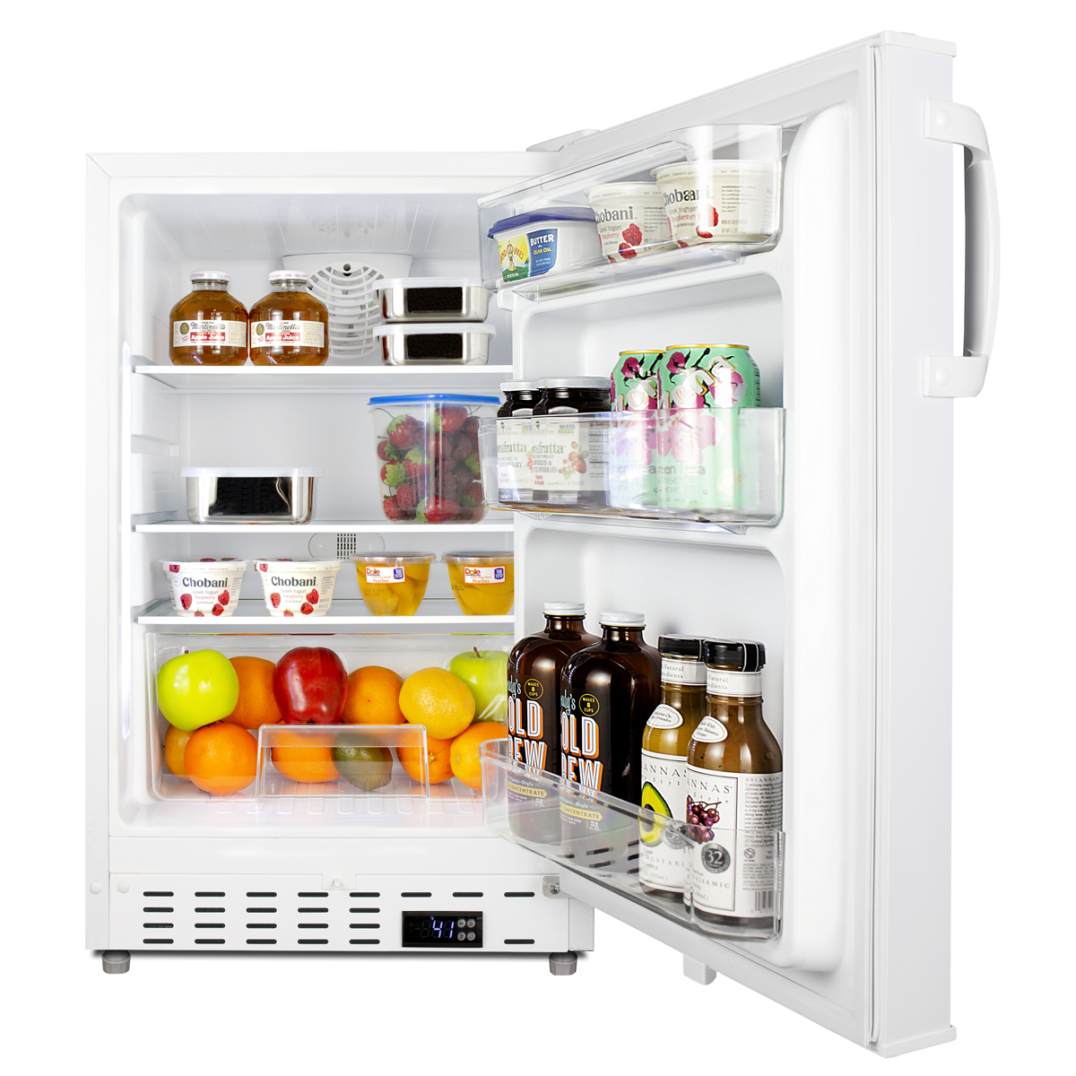 Built-in undercounter ADA compliant residential all-refrigerator in white with door storage and automatic defrost operation